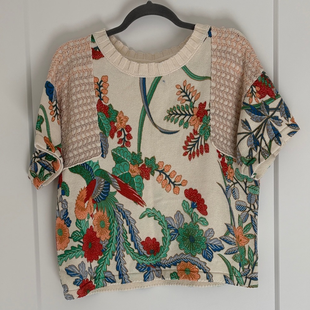 Anthropologie Multicolor Embroidered Short Sleeve Top